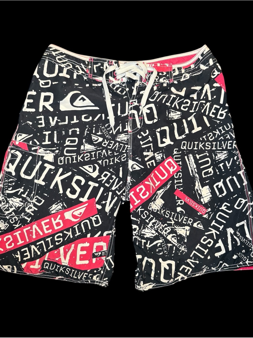 Quiksilver Black, White & Red Graphic Logo Board Shorts